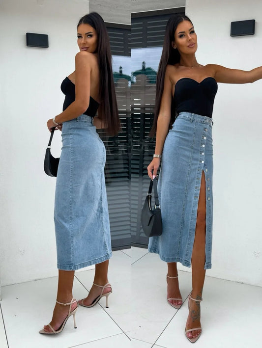 High Waist Retro Denim Skirt With Button Slit