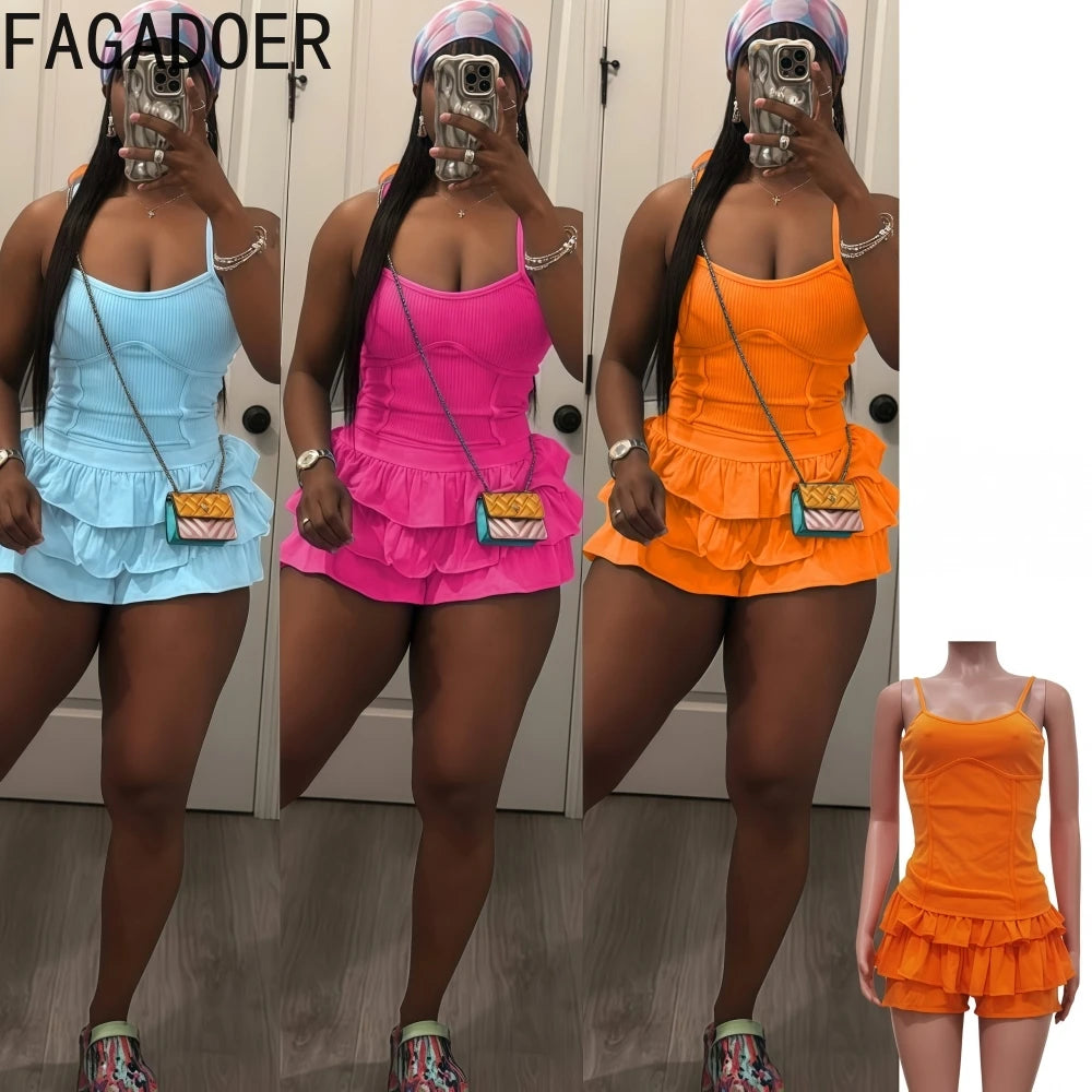 FAGADOER Casual Ribbing Two Piece Outfits Woman Solid Spaghetti Strap Tanks + Pleated Puff Skirt Female Streetwear Summer New