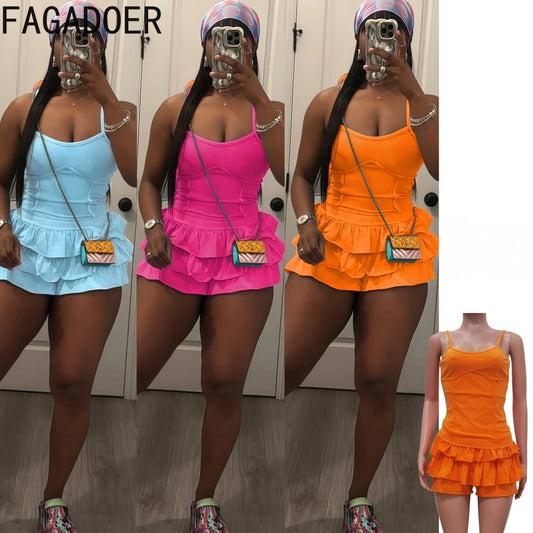 FAGADOER Casual Ribbing Two Piece Outfits Woman Solid Spaghetti Strap Tanks + Pleated Puff Skirt Female Streetwear Summer New