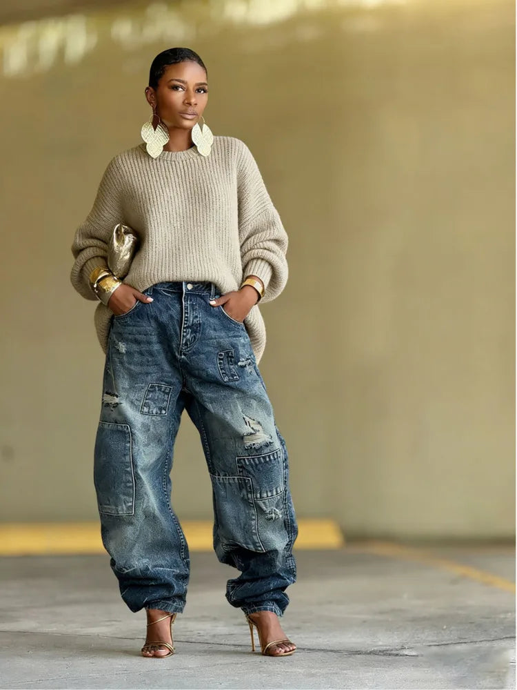 Washed Distressed Patchwork Loose Fit Jeans for Women
