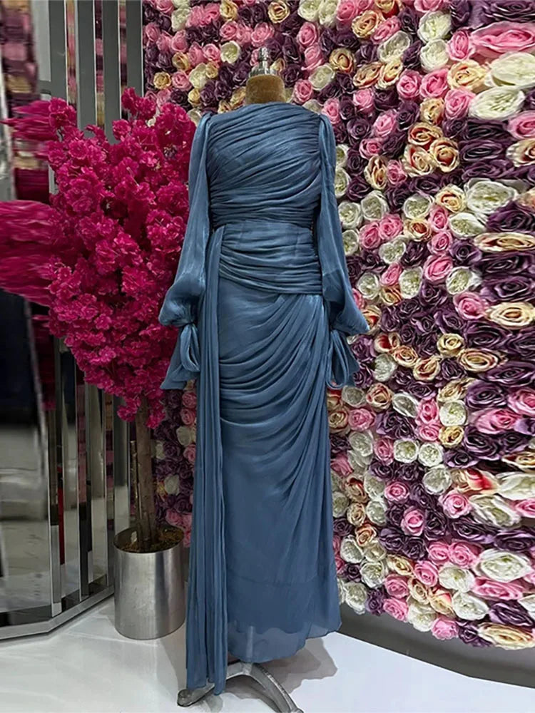 Lantern Sleeve Pleated Maxi With Lace Up O Neck Dress for Women