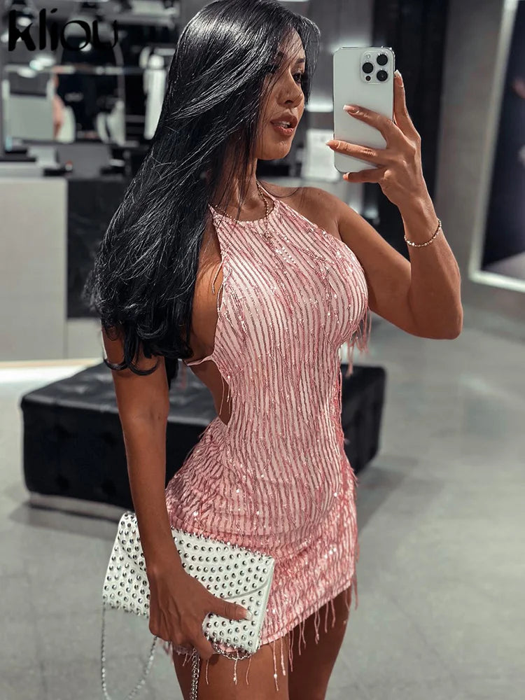 Shiny Tassel Halter Backless Mini Party Dress for Women