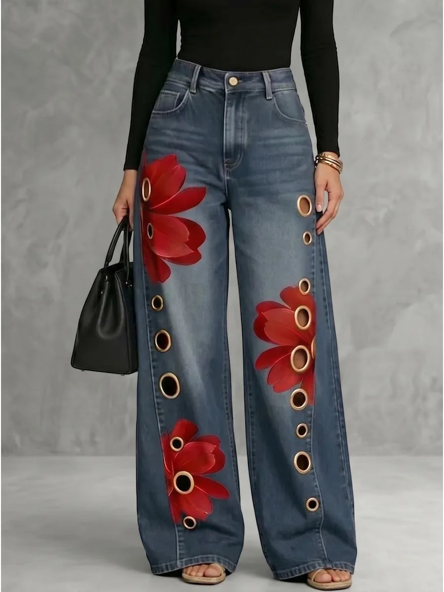 Bonboho Women High Waist Flower Print Wide Leg Floor Length Jeans 2026 Vintage Blue Denim Palazzo Jeans with Metal Eyelet Cutout