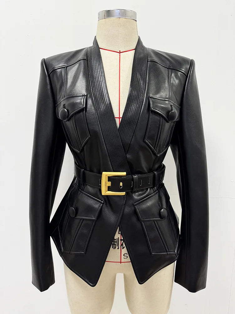 Slim Fit Faux Leather Motorcycle Jacket With Pockets for Women