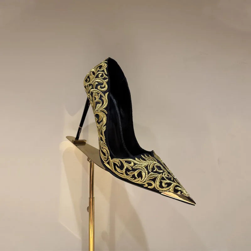 Design Women High Heel Metal Toe Embroidered High Heel Shoes Sexy Lady High Heel Gold Pointed Metal Toe Slingback Stilettos