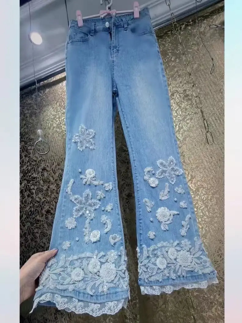 Luxury Design Embroidered Flares Denim Long Pant for Women's Pants pantalones de mujer Woman Clothing Ladies Trousers