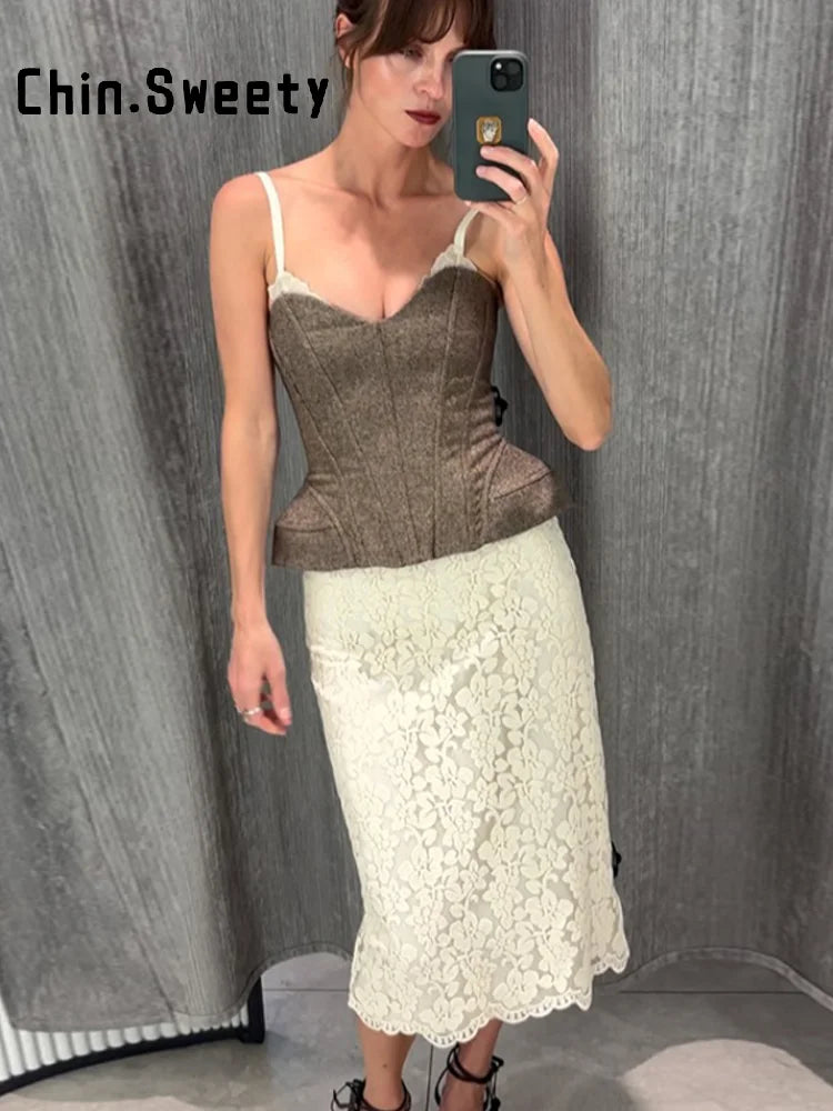 Elegant White Lace Corset Two Piece Skirt Set for Women