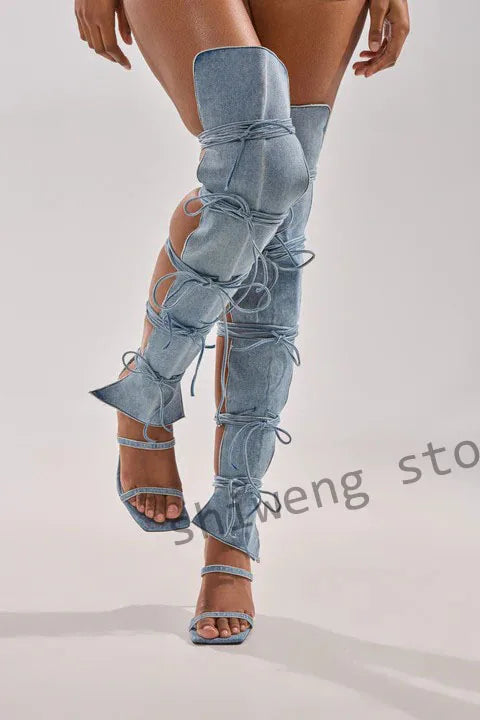 Lace Up Stiletto Pointed Toe Thigh High Boots for Women