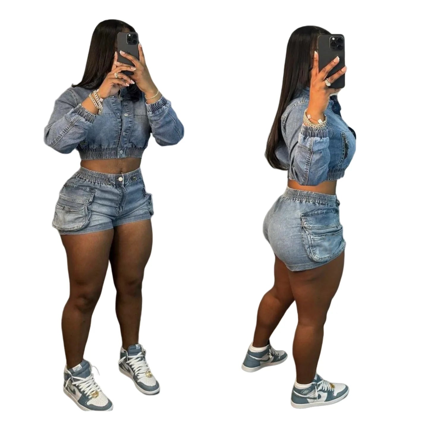 Summer Stretch Two-Piece Denim Shorts Set for Women