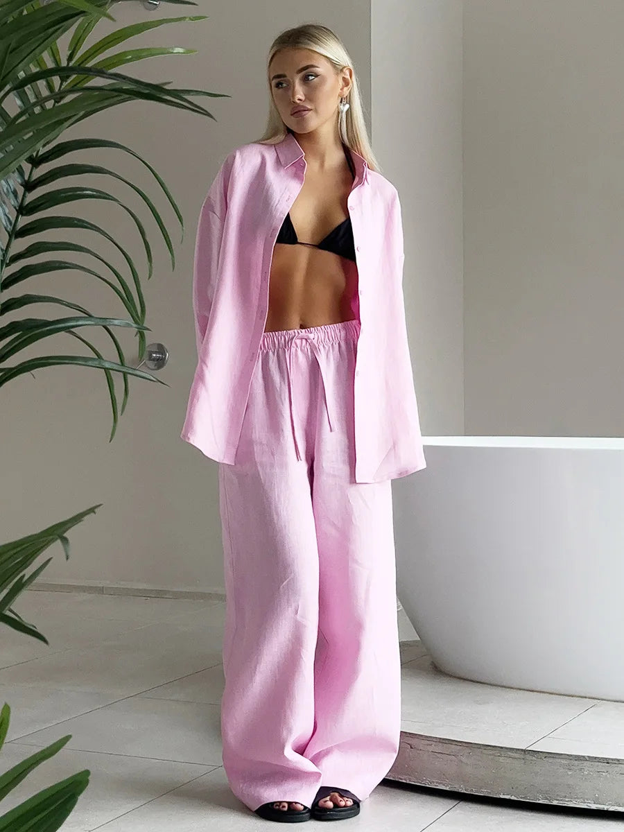Casual Cotton Shirt and Elastic Waist Pants Set for Women