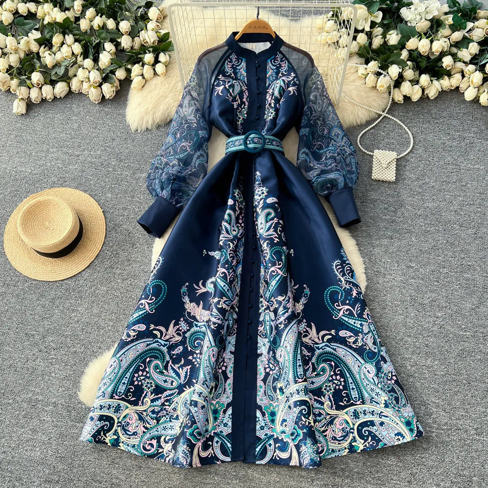 Elegant Printed Mesh Spliced A Line Maxi Dress for Women