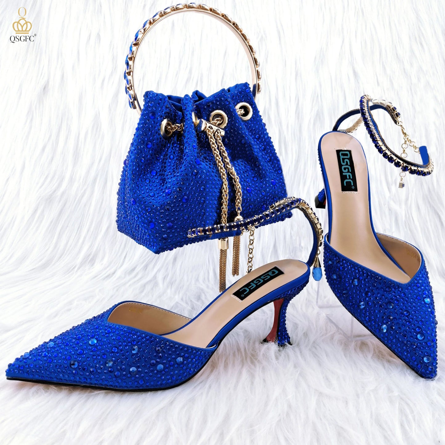 QSGFC Nigerian Popular Pointed Shoes And Bag Handle Soft Small Bag Anklet Design Mid-Heel Women's Shoes