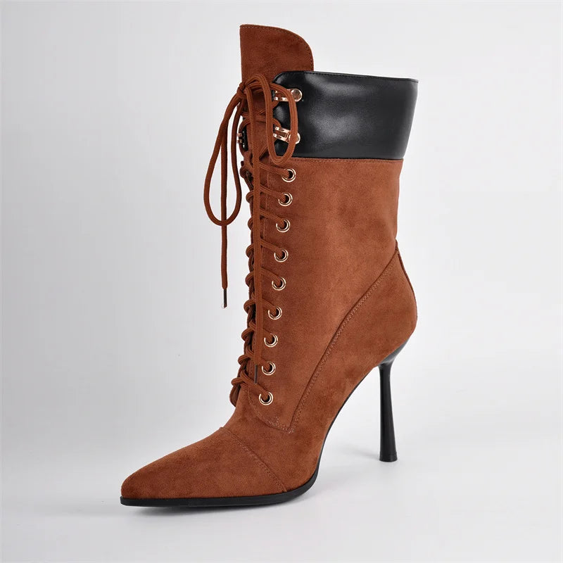 Pointed Toe Lace Up Stiletto Mid Calf Boots for Women