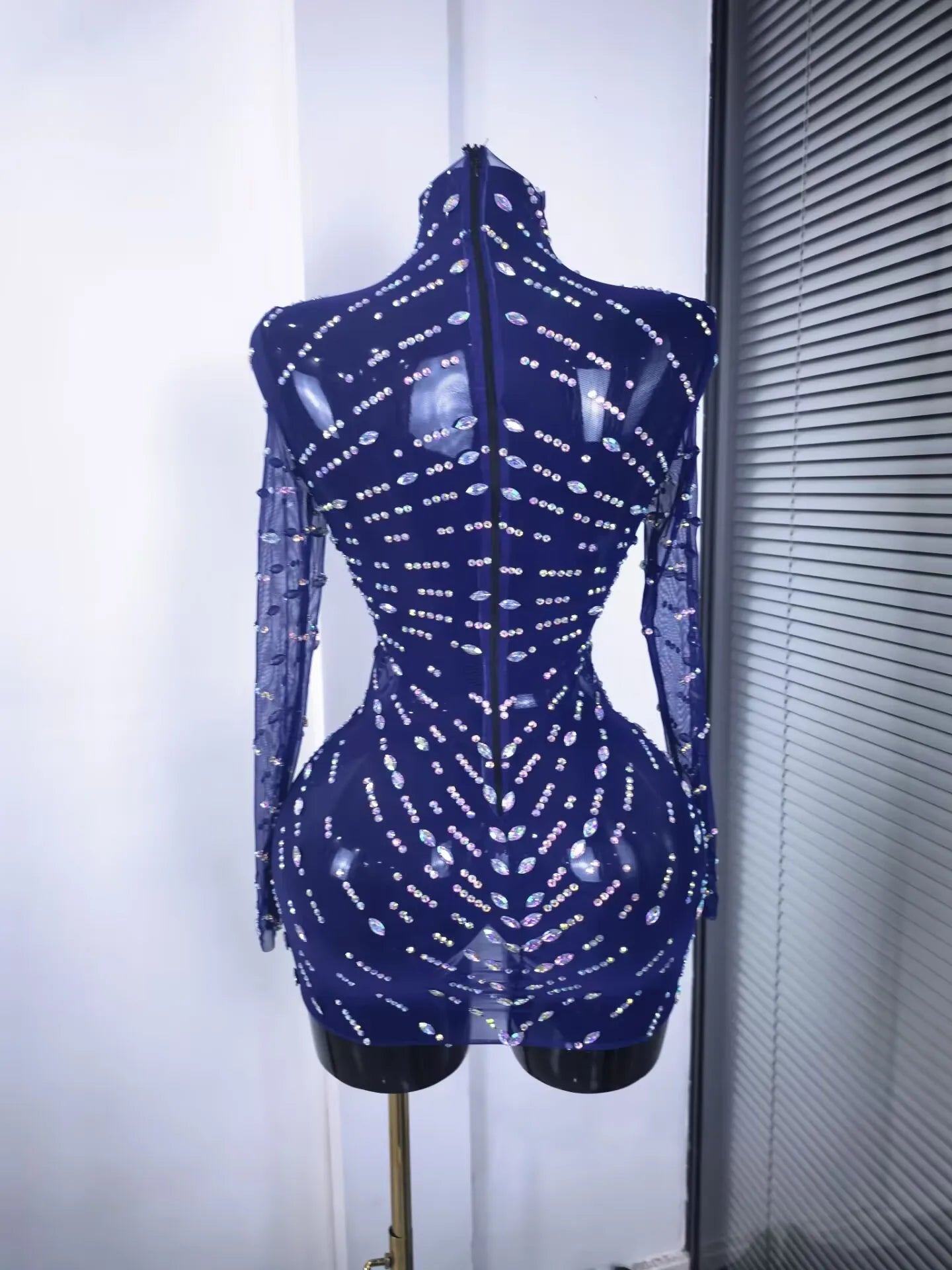 Purple Color Women Long Sleeve Sexy Shining Sequins Bodycon Mini Dress Mesh See Through Celebrate Nightclub Party Outfit