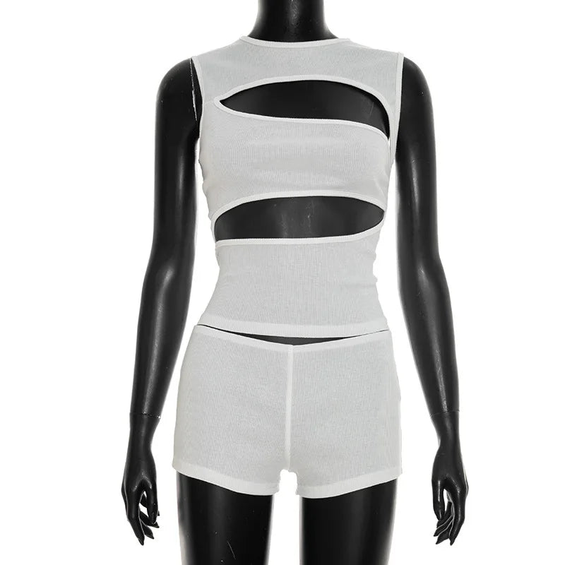 Hollow-Out Patchwork Crop Top and Shorts Set for Women