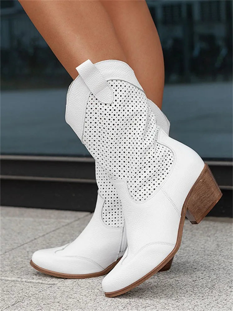 Floral Print Suede Round Toe Med Wedge Boot for Women