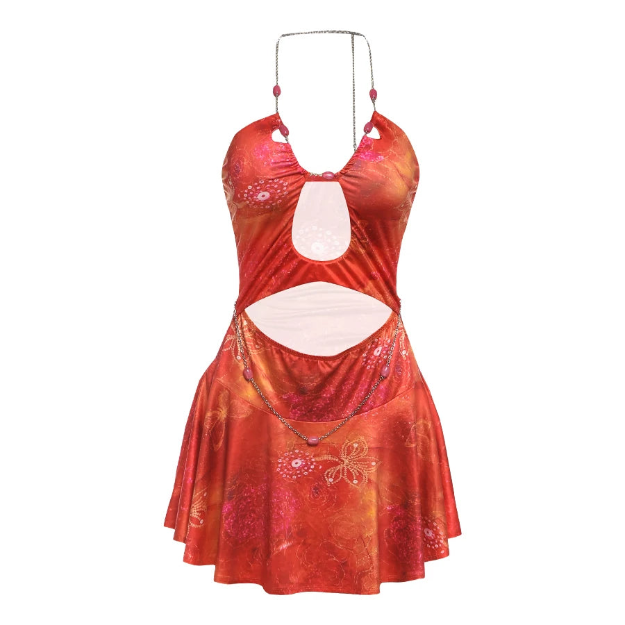 Weird Puss Beads Chain Halter Dress Women Fashion Print Sexy Hollow Off Shoulder Vacation Beach Style Ruched Elegant Outfits