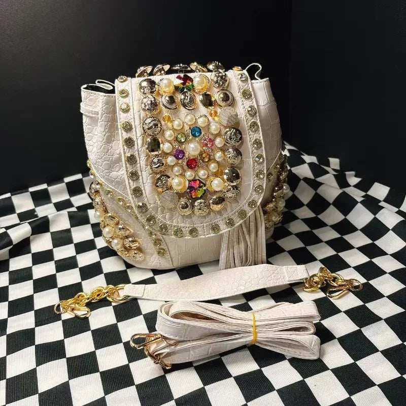 Women's New Backpack Elegant Diamond-encrusted Backpacks Multi-functional Beaded Trendy Crossbody Bucket Bag Large Capacity