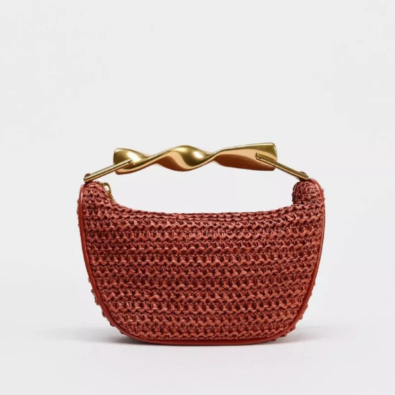 Women's Woven Bag Fashion Luxurious Simple Metal Evening Clutch Casual Versatile Vintage High-end Design  Women's Shoulder Bag