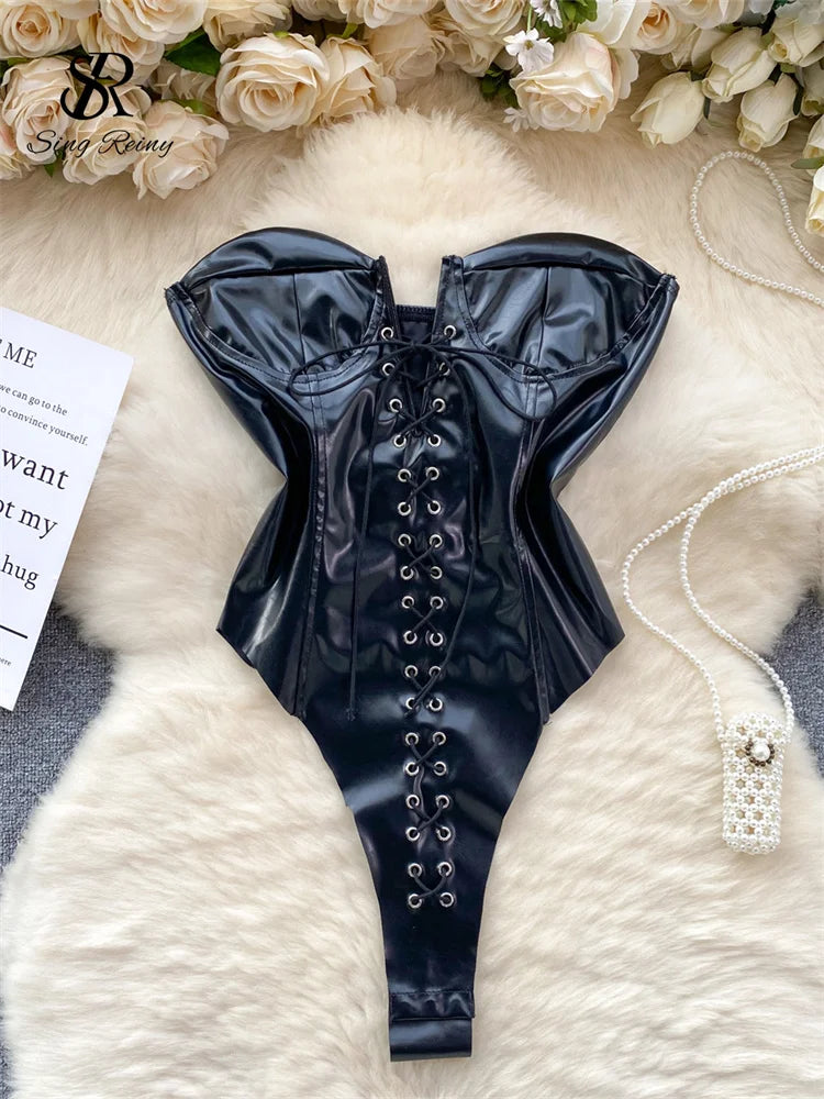 Strapless PU Leather Lace-Up Backless Bodysuit for Women