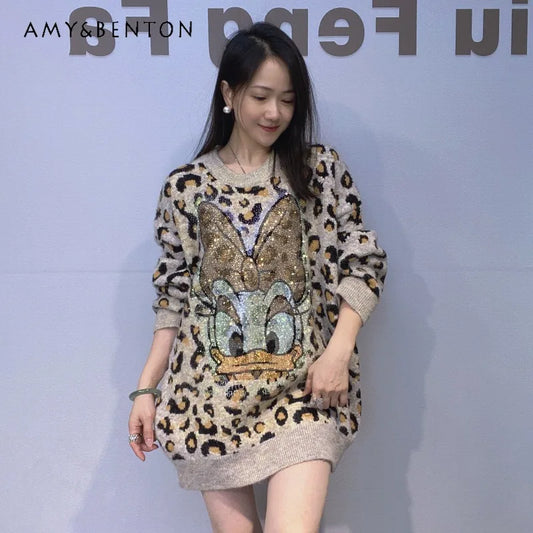 Heavy Industry Rhinestone Mid-length Sweater Coat Winter Leopard Print Thickened Knitted Top Jacket Long-sleeves O-neck Jumpers