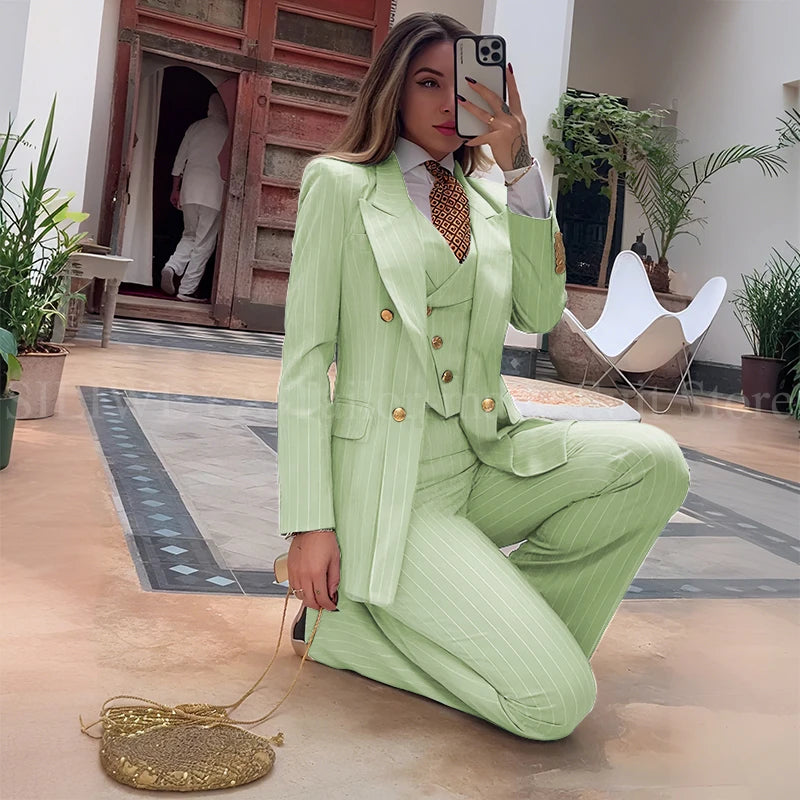 Slim Fit Double Breasted Green Striped Suit Set For Women