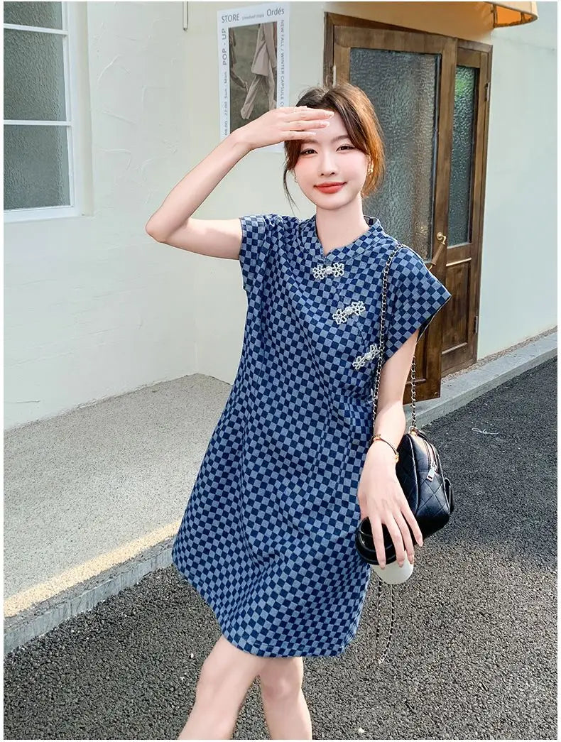 Checkered Ethnic Style Summer Lightweight A Line Dress for Women