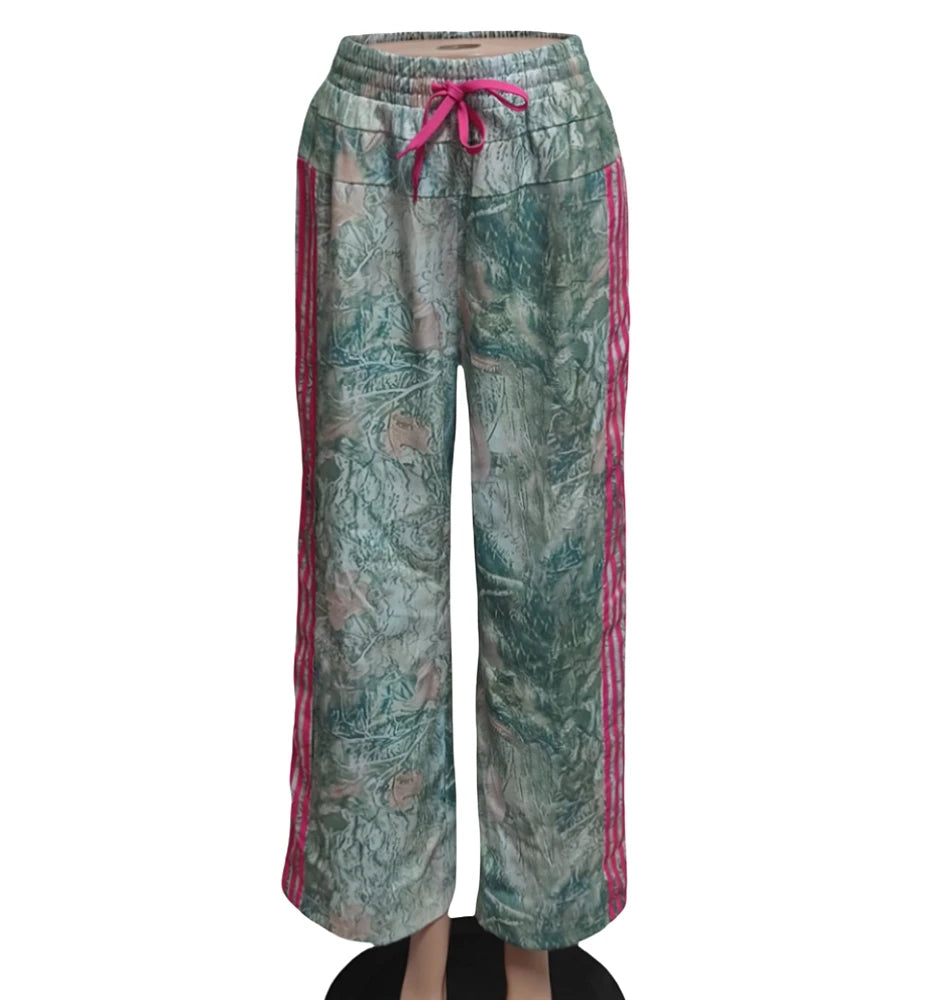 HLJ Fashion Camouflage Print Straight Leg Pants Women Stripe Drawstring Patchwork Pants Casual Female Streetwear Bottoms 2025