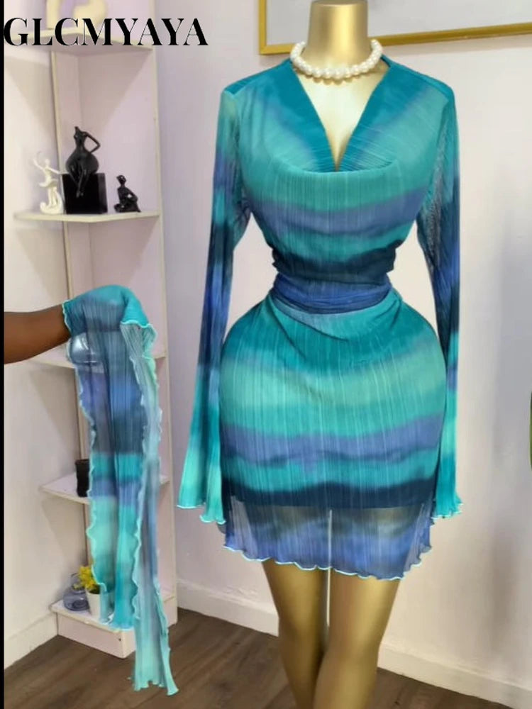 CM.YAYA Women Tie Dye Lace Up Back with Scarf Bodycon Midi Long Sleeve Pleated Maxi Dress Party Education Vacation Long Dresses