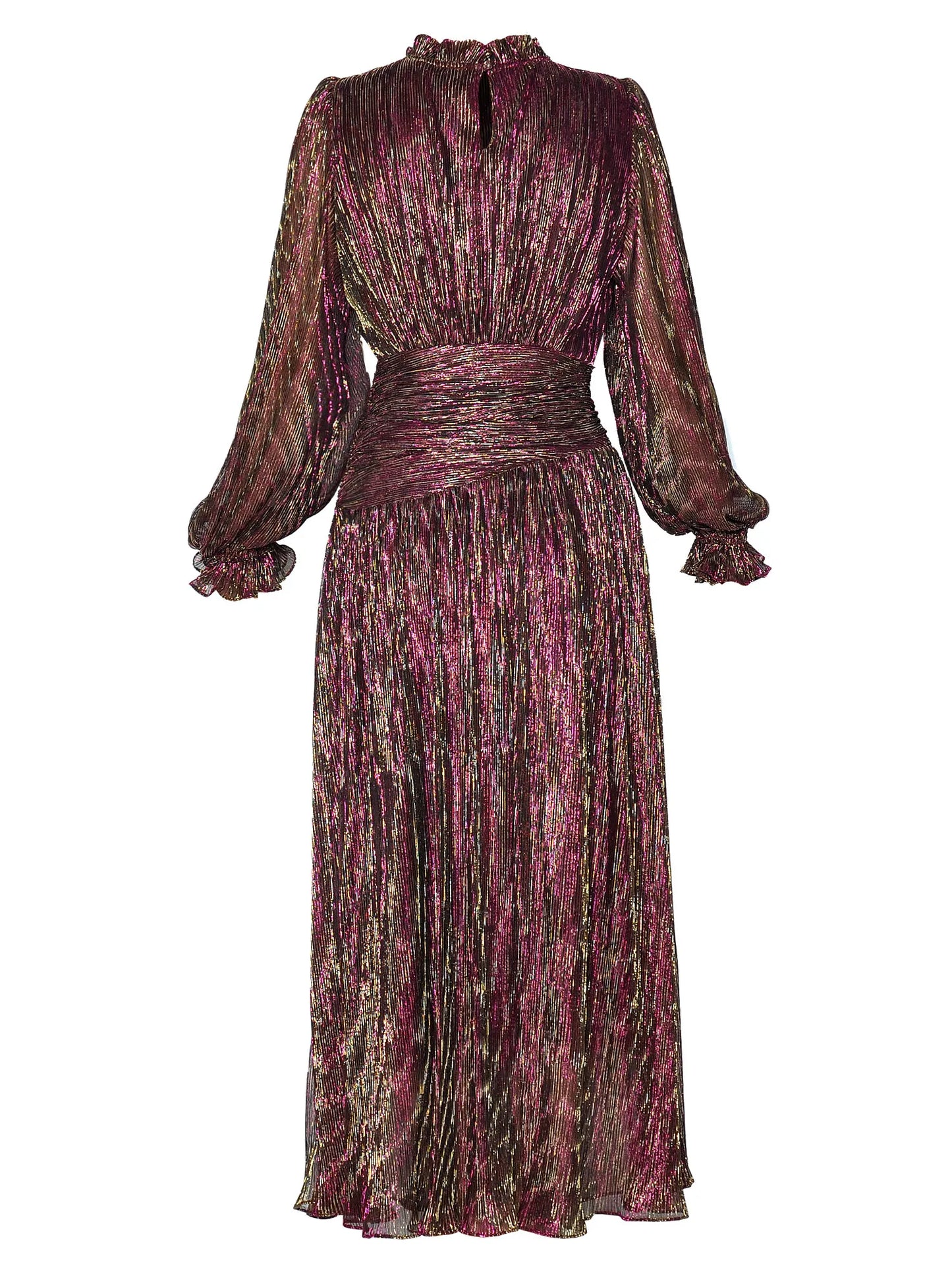 Fashion Round Neck Flower See-Through Lantern Long Sleeve Elastic Waist Dress Elegant Colorful Shiny Silk Dress Spring New