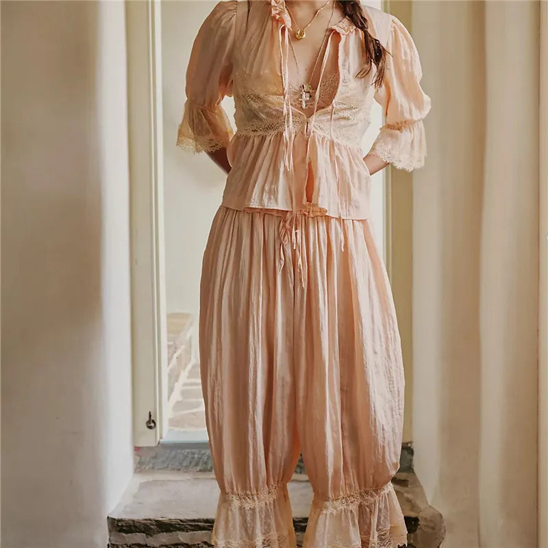 hirigin Women Lace Trim 2 Piece Pajamas Sets Y2k Bow Tie Front Short Sleeve Shirts + Ruffle Flared Lantern Pants Loungewear