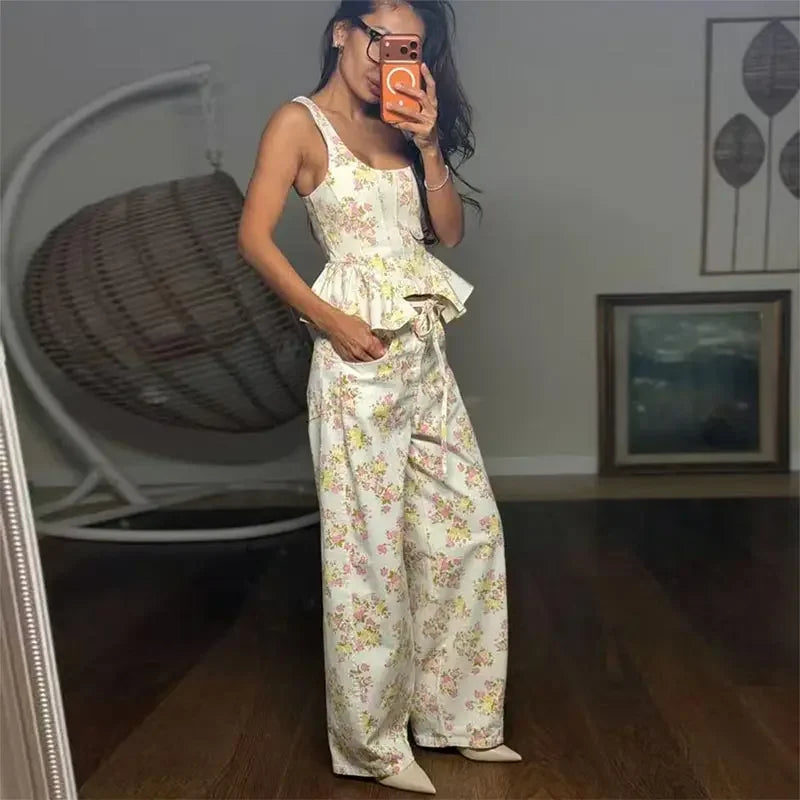 Urban Printed Vest and Wide Leg Pants Two Piece Set for Women