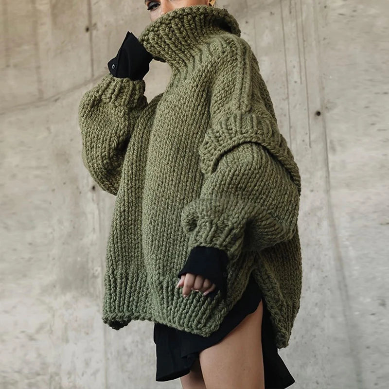 Women Casual Warm Winter Thick Sweater Fall Elegant Turtleneck Solid Knitted Jumper Femme Fashion Long Sleeve Loose Pullover Top