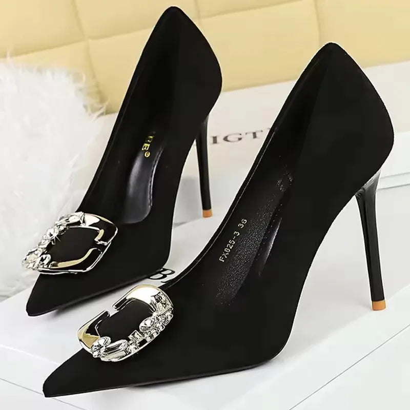 Elegant Rhinestone Buckle Suede High Heel Pumps for Women