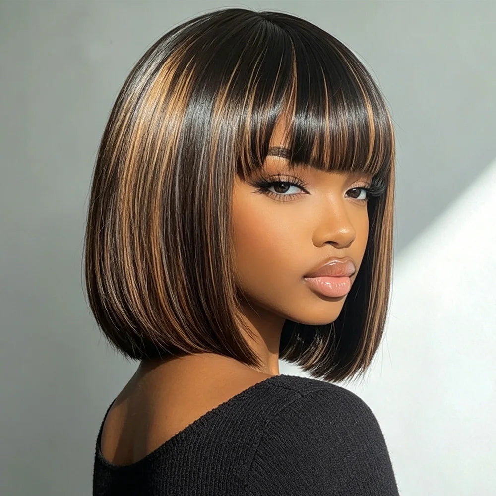 Soft Silky Highlight Brown Straight Bob Wig With Bangs For Women