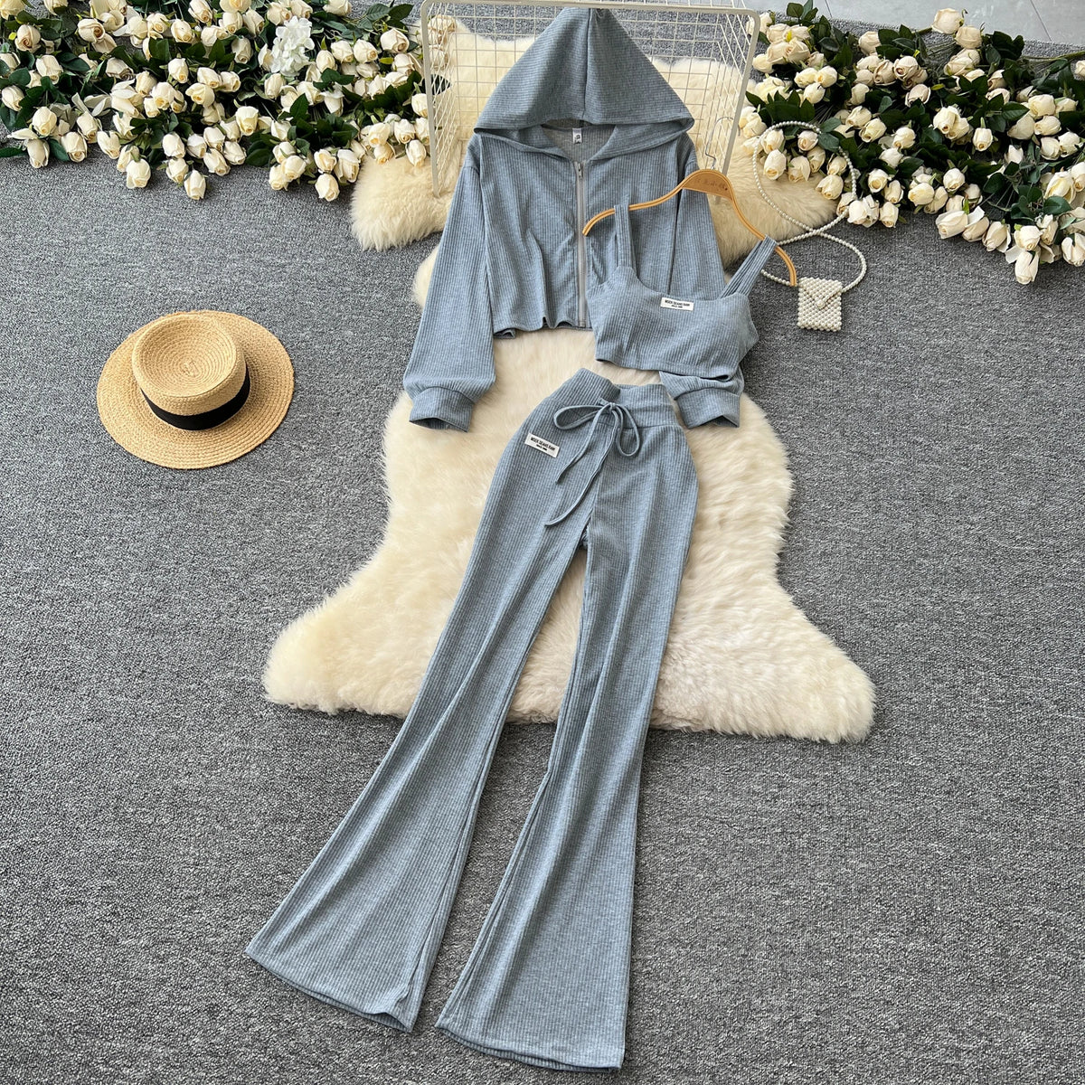 Sporty Three Piece Hoodie, Camisole and Pants Set for Women