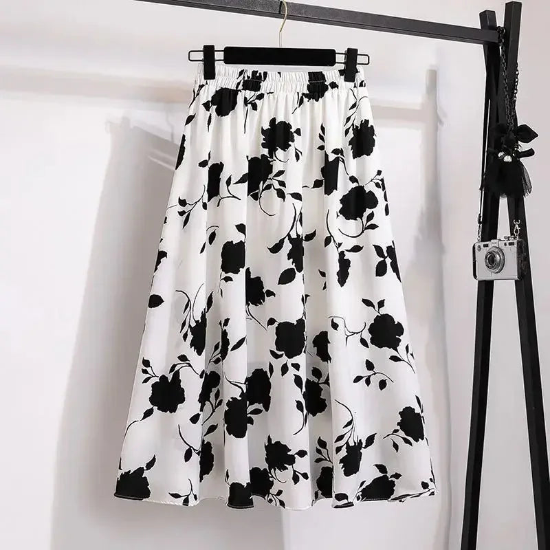 Plus Size High-Waisted Slimming Plus Size Women's Rose Skirt 2024 Summer Medium-Length Stylish BBQ Hip Covering Casual Dress