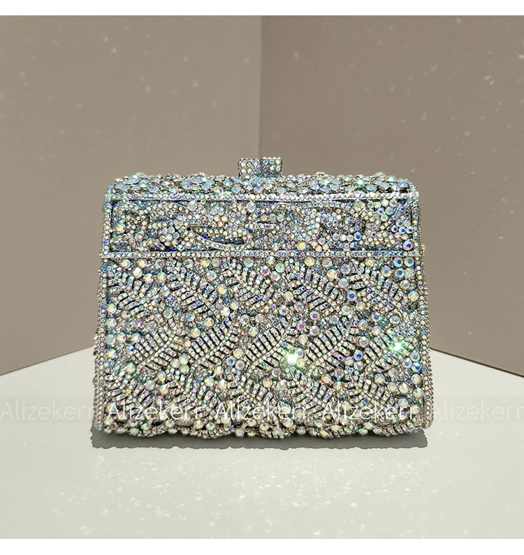 Metallic Leaf Diamond Evening Bag With Rhinestone Accents for Women