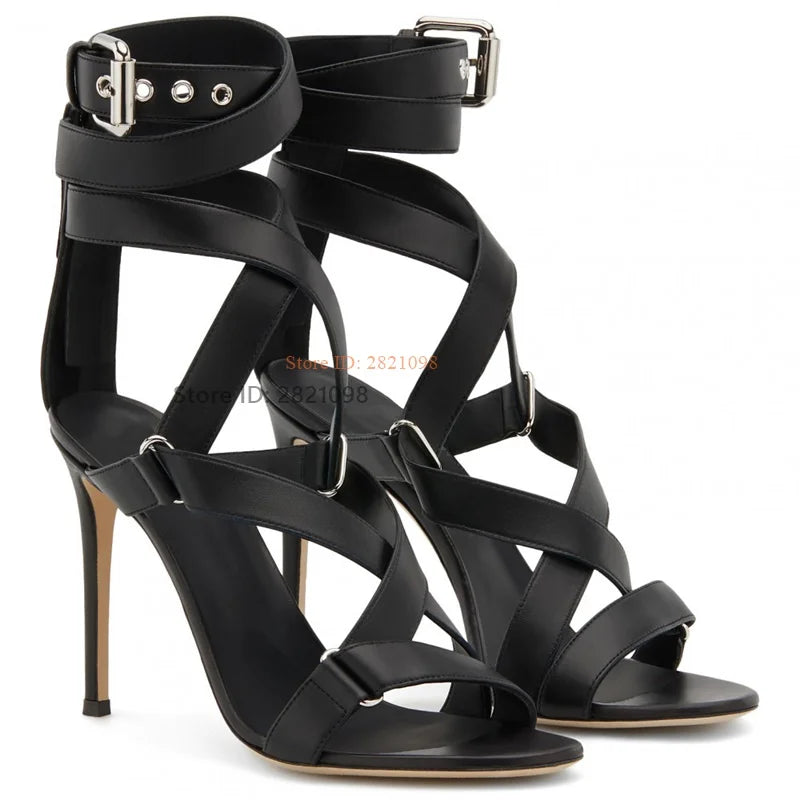Black Leather Ankle Wrap Buckle Back Zipper Open Toe Sandals for Women