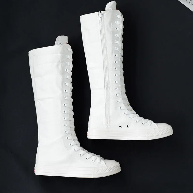 Casual Lace-Up Canvas Mid-Calf Flat Boots for Women