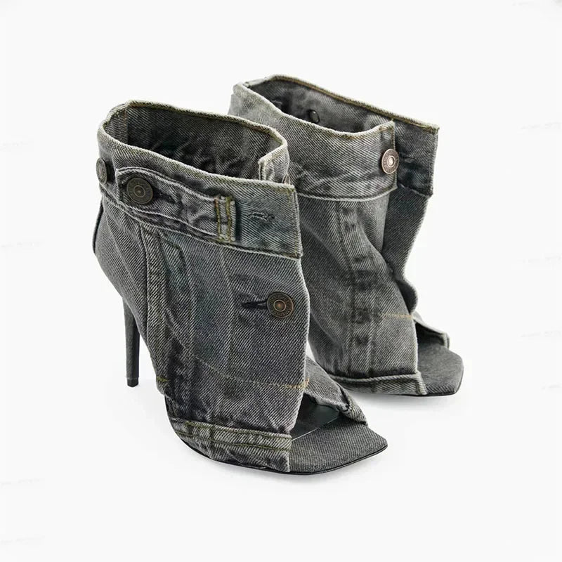 Elegant Denim Look Strappy Peep Toe Stiletto Sandals for Women