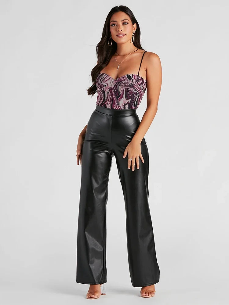 Women High Waist Black Matte Leather Straight Pants Office Ladies Vintage Elegant Casual PU Stretch Trousers Clubwear New Custom