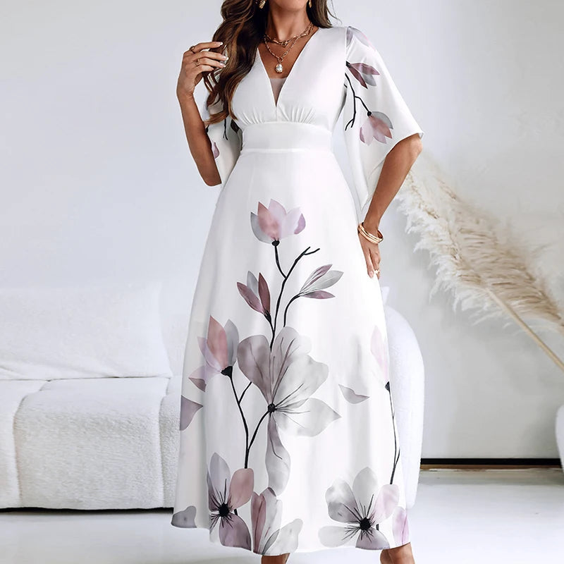Bohemian V-Neck Hollow Out Short Sleeve Long Dress for Women
