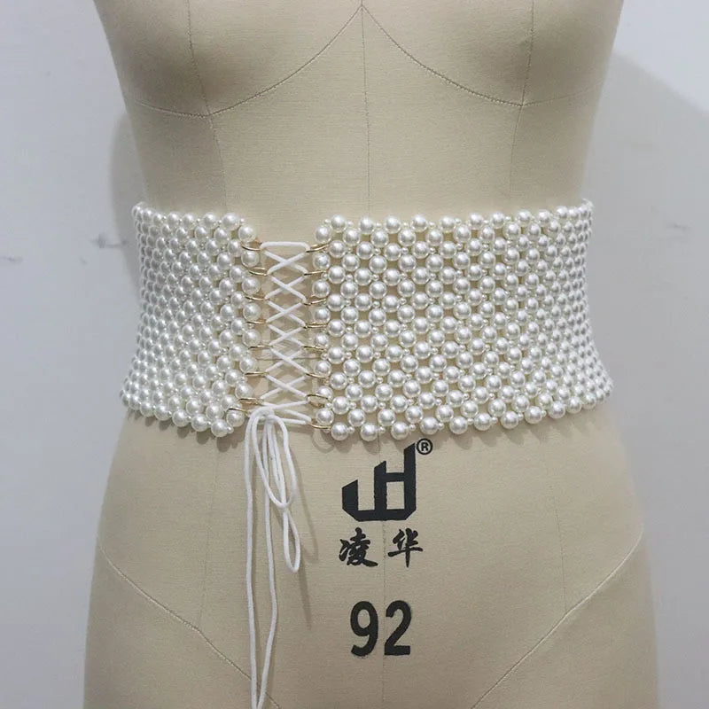 Pearl Rhinestone Elastic Waist Chain Belt for Women