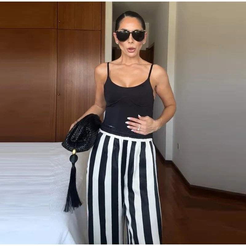 Striped Criss Cross Halter Two Piece Wide Leg Pants Set For Women