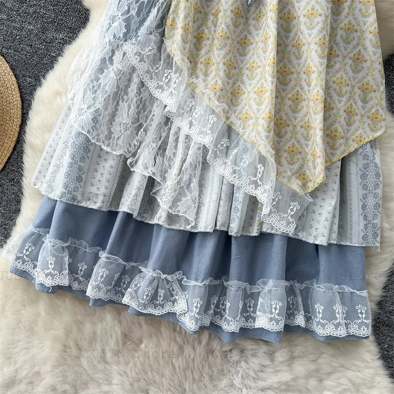 High-Waist Patchwork Lace-Up Skirt
