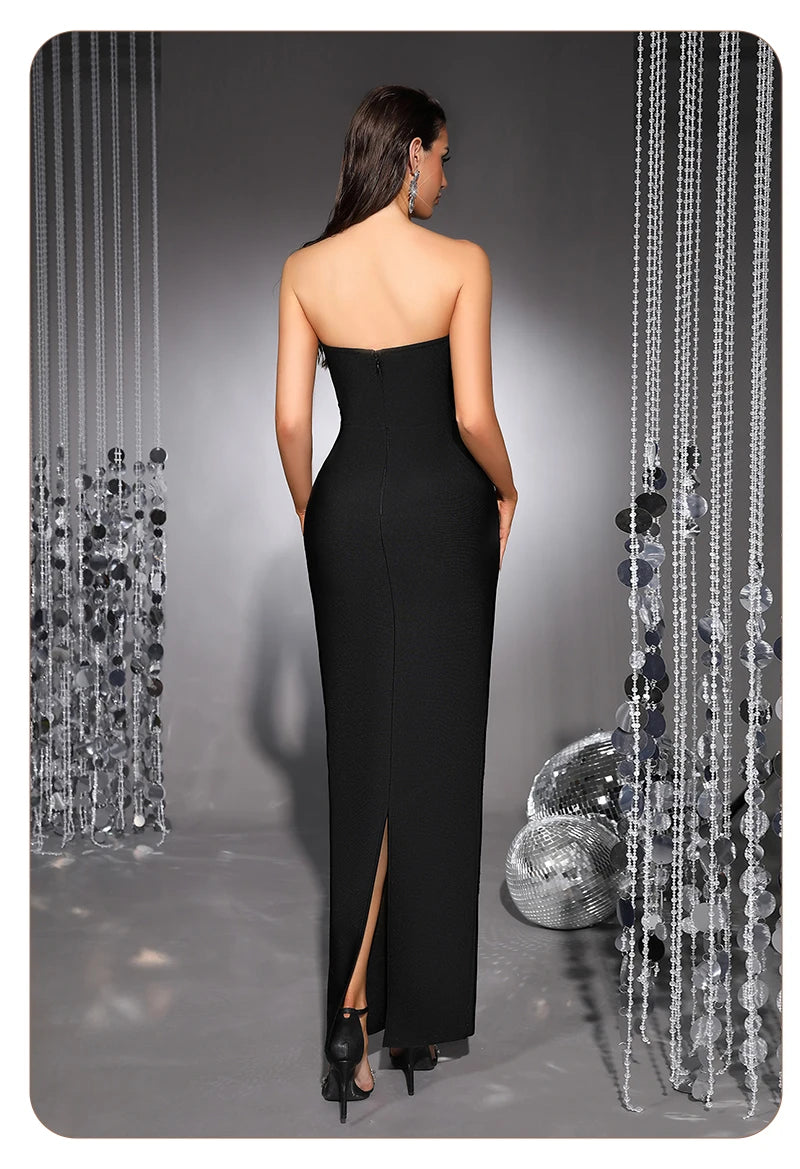 Strapless Crystal Flower Embellished Bodycon Maxi Dress for Women