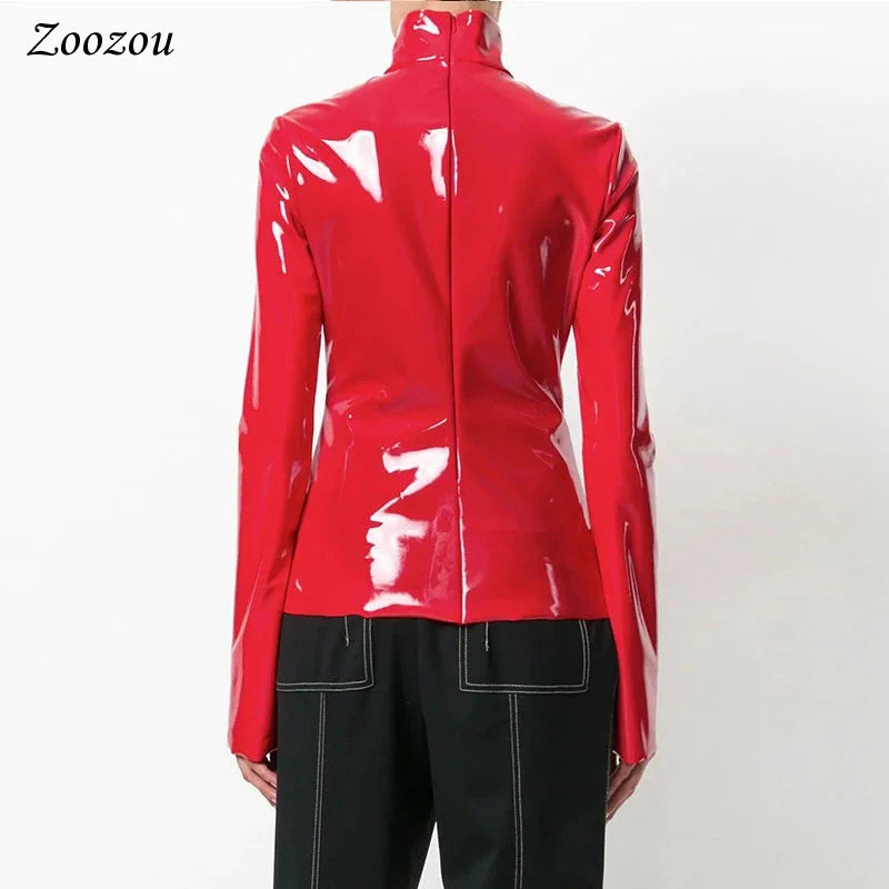 Faux Patent Leather Turtleneck Top