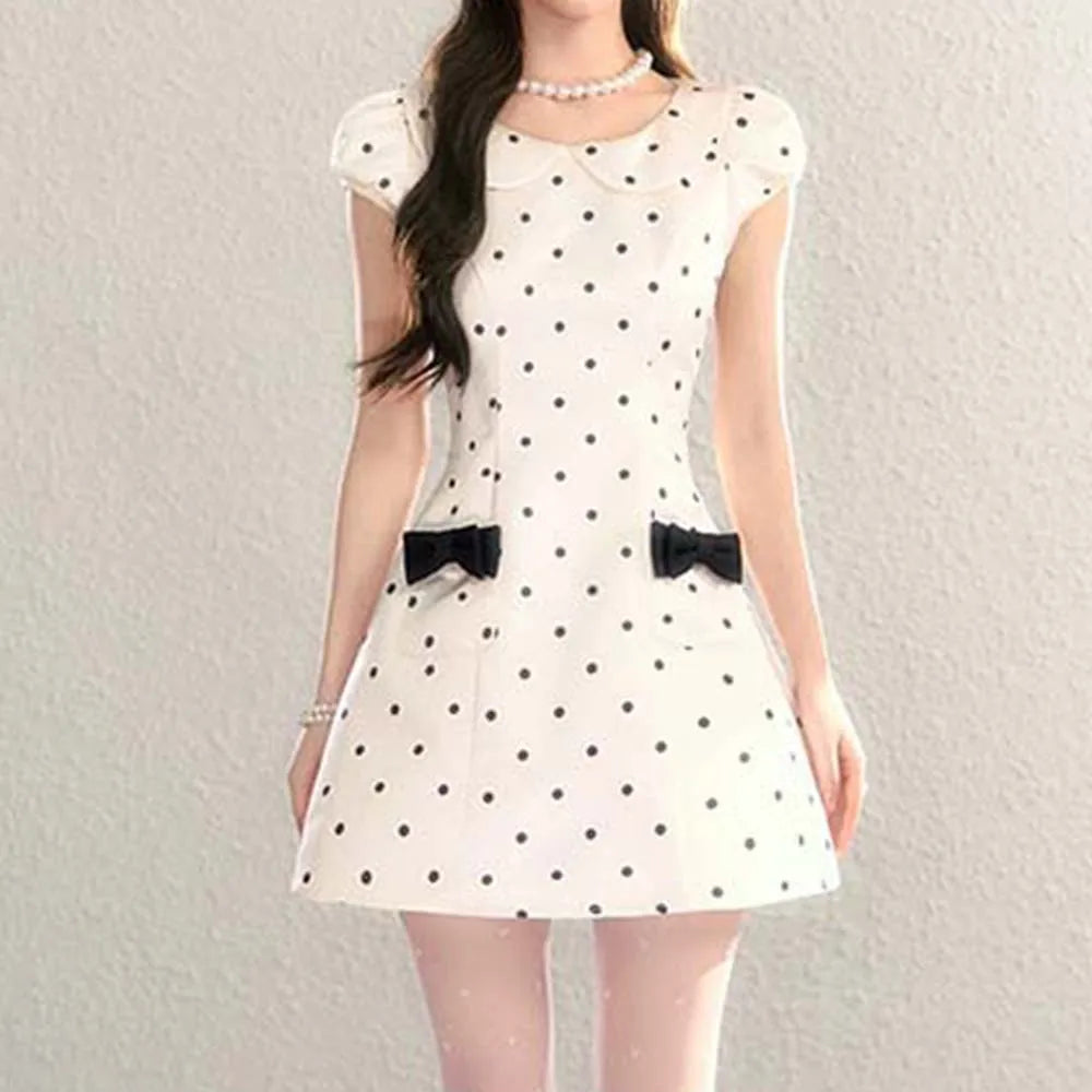 French Polka Dot Doll Collar A Line Bow Dress For Women