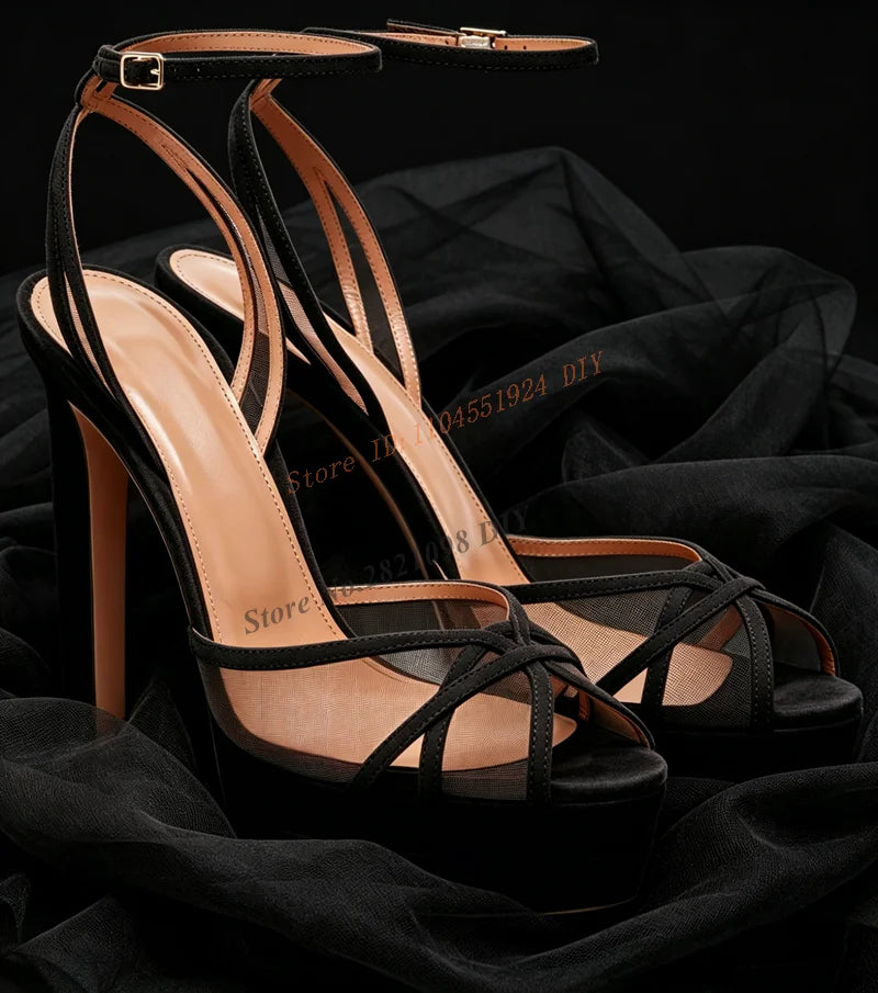Open Toe Suede Trimmed Mesh Platform Sandals for Women